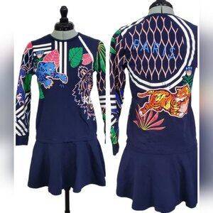 Kenzo Paris Girls Dark Navy Colorful Jungle Tiger Dress Sz 14